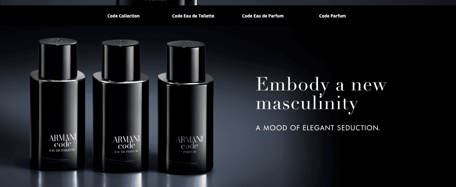 Shows the full Code fragrance line-up with a brand tagline to help shoppers understand the range and choose a concentration.