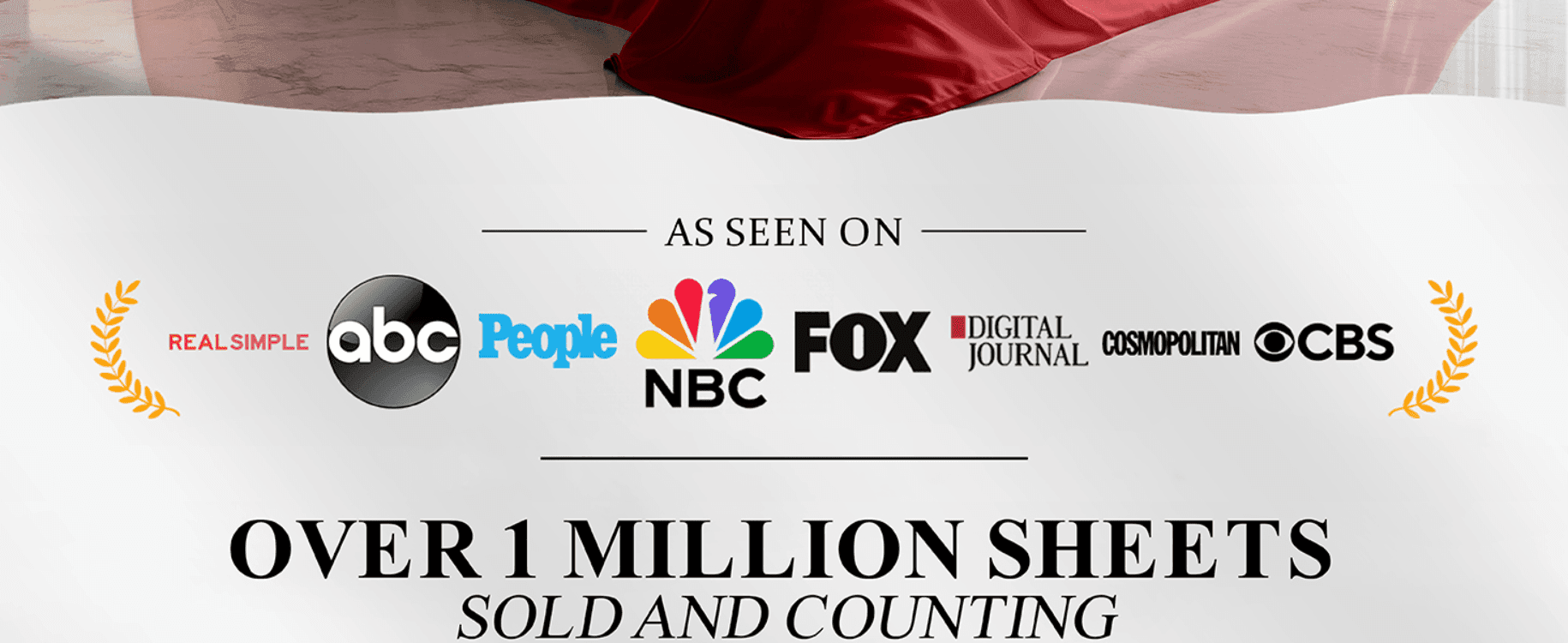 Builds credibility by showing recognizable media outlets that have featured the brand. Reinforces trust by highlighting the large number of sheets already sold to customers.