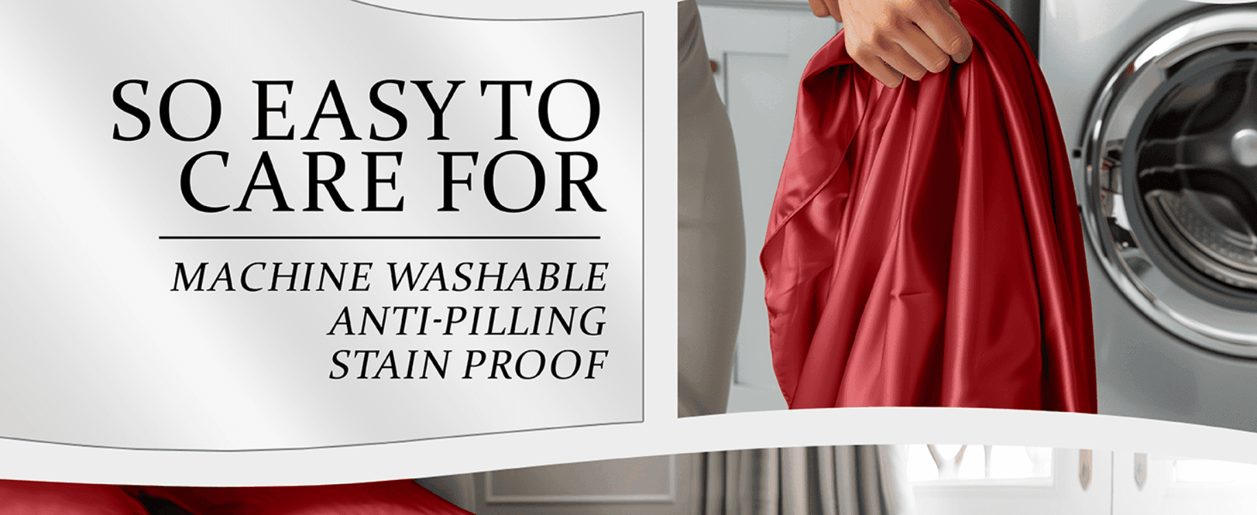 Reassures shoppers that the sheets are low-maintenance, highlighting machine washable, anti-pilling and stain proof properties.