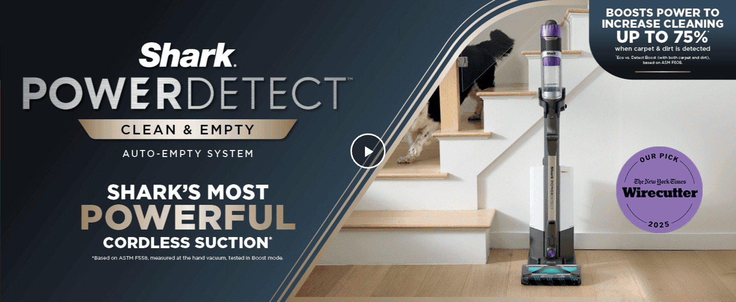 Establishes the Shark PowerDetect line as the brand's most powerful cordless option to build brand trust. Uses a trusted publication's award to build third-party credibility for the product.