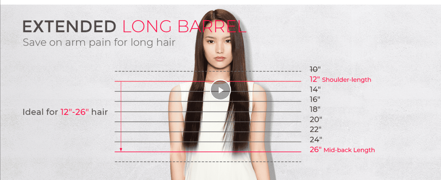 Shows which barrel size fits the shopper's hair length so they can pick the right curling iron for comfortable, effective use. Highlights that the extended barrel design saves arm strain when…