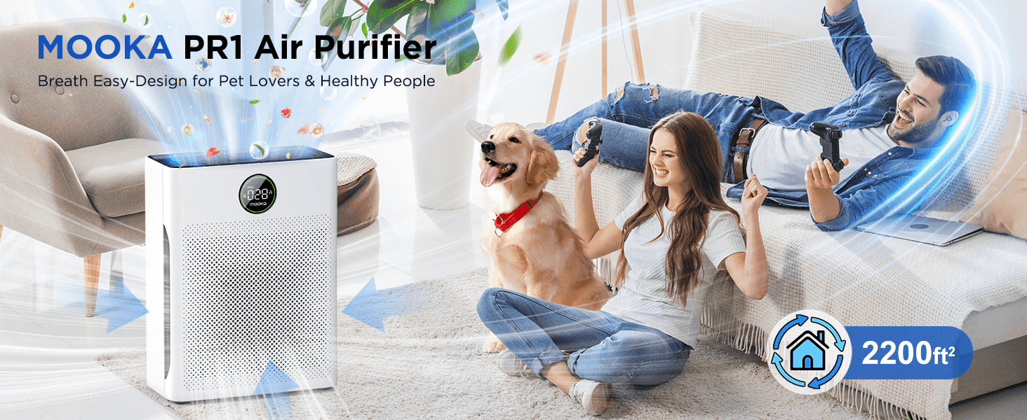 Positions the purifier as ideal for pet owners and health-conscious households through a warm lifestyle scene. Highlights the room coverage capacity to reassure shoppers the unit suits large spaces.