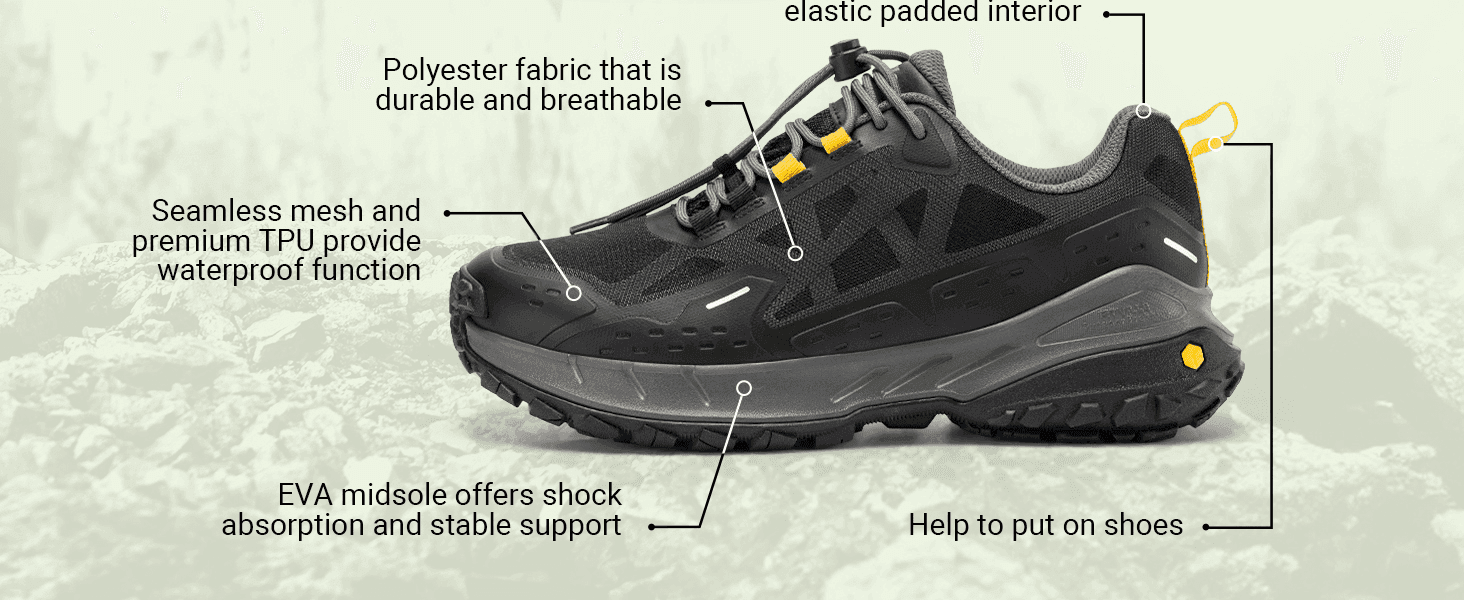 Points out the shoe's material and construction zones to explain how durability, breathability, and waterproofing are achieved. Highlights several distinct construction benefits in one labeled…
