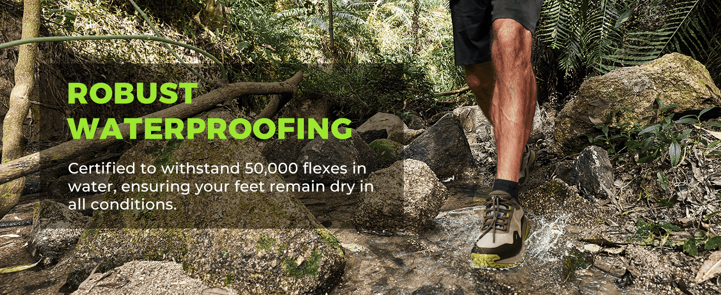 Reassures shoppers the shoe stays waterproof through repeated flexing in wet conditions, keeping feet dry.