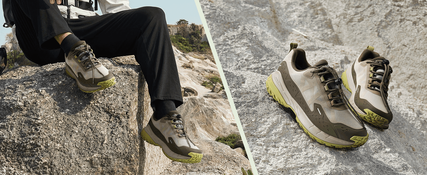 Shows the hiking shoes worn on rugged terrain alongside a close-up product shot to build desire and showcase design.