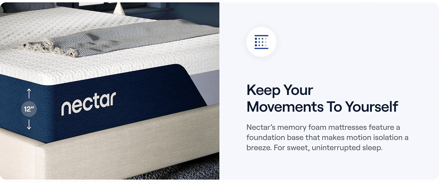 Communicates that the memory foam mattress absorbs partner movement for uninterrupted sleep. Shows the mattress's 12-inch profile with dimension arrows to set physical size expectations.