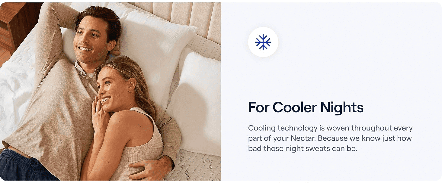 Reassures shoppers the mattress stays cool all night by highlighting cooling technology woven throughout, paired with a comforting lifestyle photo.