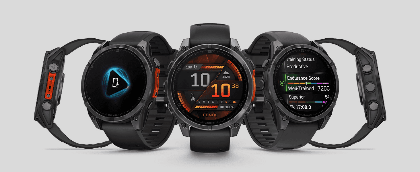 Displays several distinct on-watch data screens side by side to demonstrate the breadth of training and health metrics available.