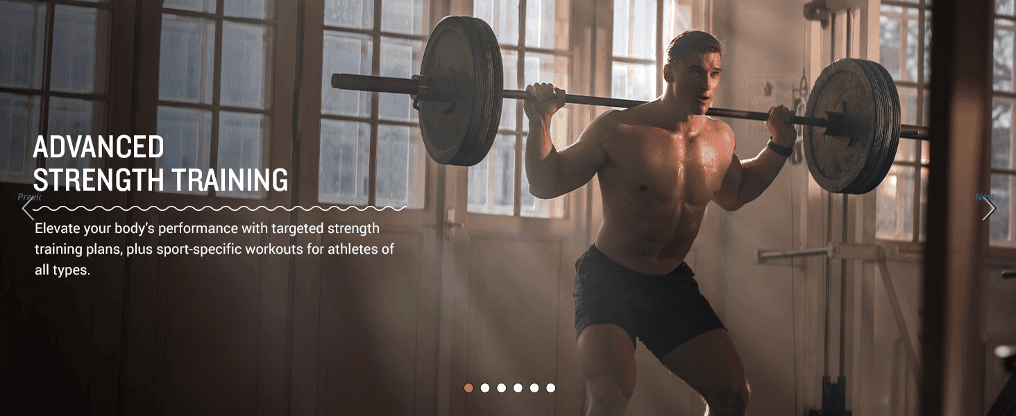 Shows the watch's strength-training coaching feature through an athlete lifestyle photo to appeal to serious gym users.