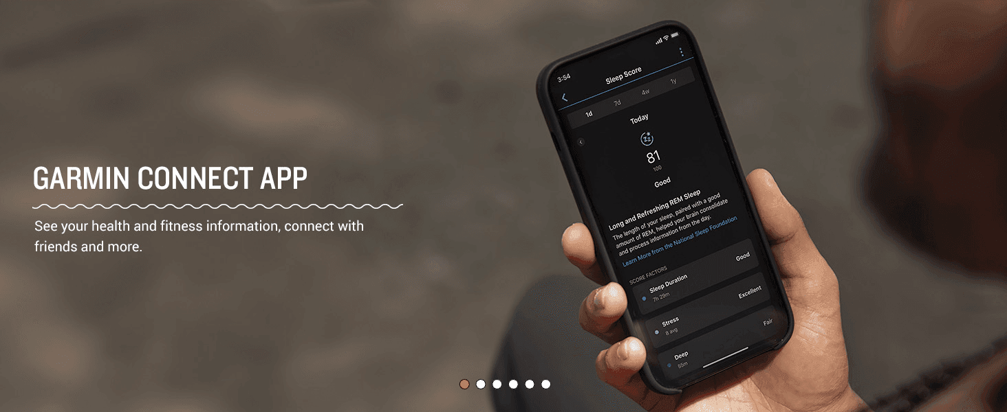 Shows the Garmin Connect app's sleep tracking screen to reassure shoppers they can monitor health data and connect with friends.