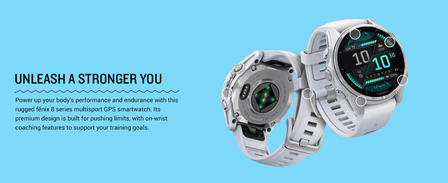 Uses callout circles on the watch body alongside a headline and description to communicate a rugged, premium design built for pushing physical limits.