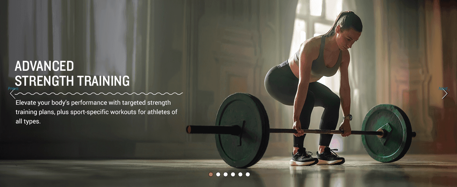 Pairs a lifestyle photo of a woman deadlifting with a headline and short description to promote the watch's targeted strength training plans.