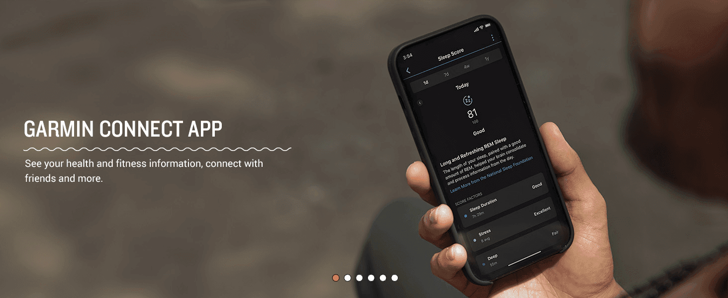 Introduces the Garmin Connect app and shows how it displays health and fitness data to reassure shoppers of ongoing connected value.