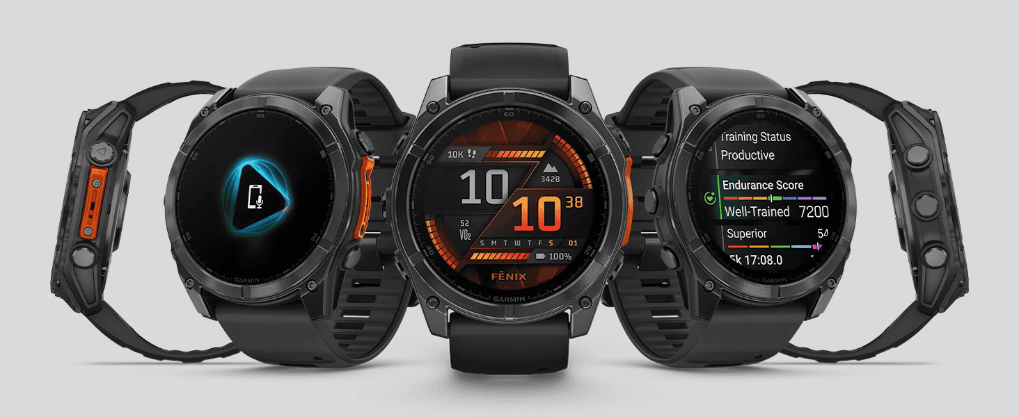 Shows the watch from three angles with different on-screen data to demonstrate its range of tracking features.