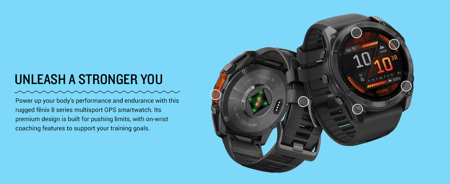 Points out the watch's physical components (heart rate sensor, crown, buttons) to show the rugged, premium build.