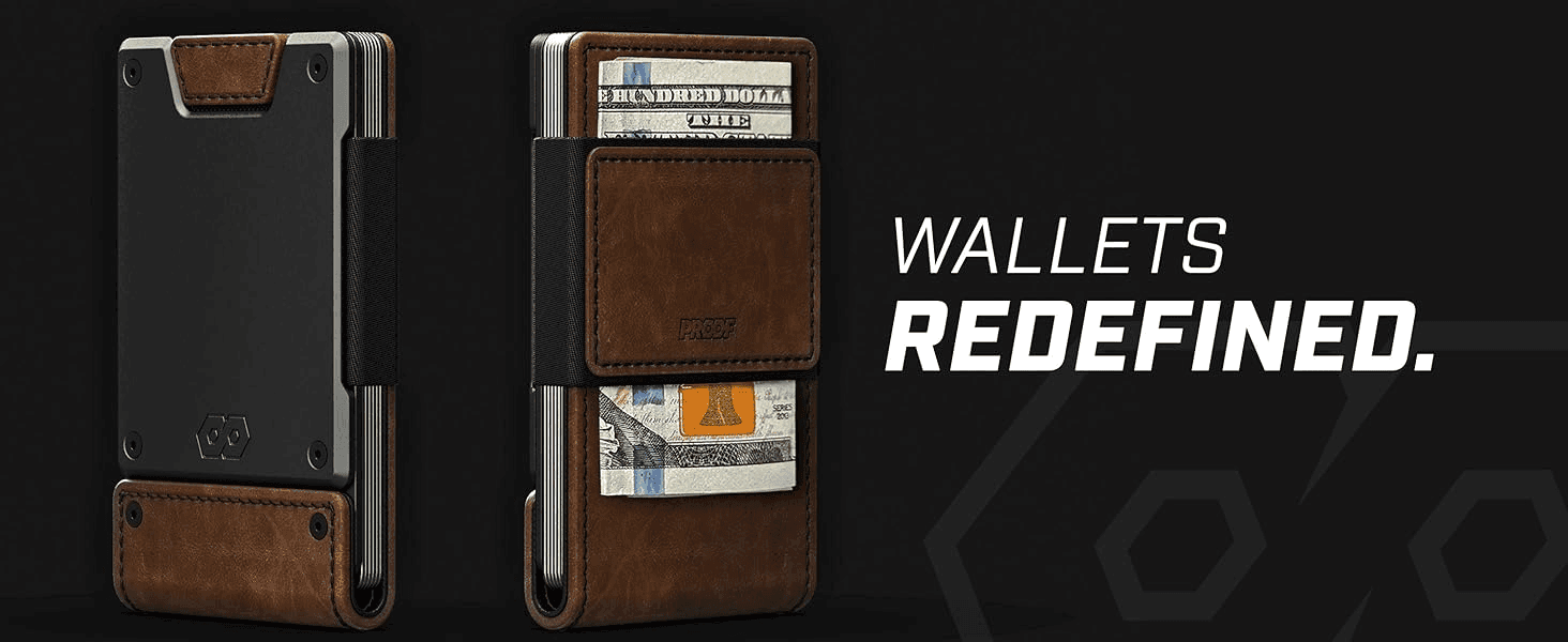 Introduces the wallet with a bold brand tagline and front/back product views to establish a premium, redefined design.