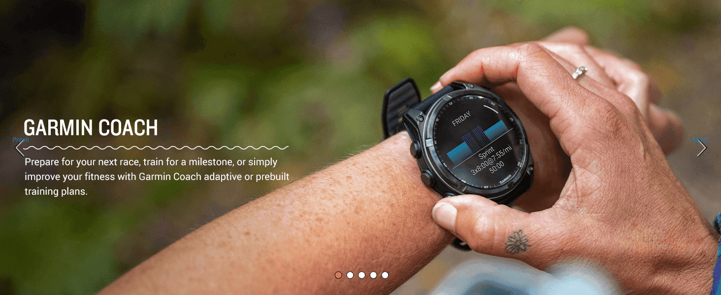 Promotes the built-in Garmin Coach feature that gives adaptive or prebuilt training plans to help shoppers reach fitness goals.