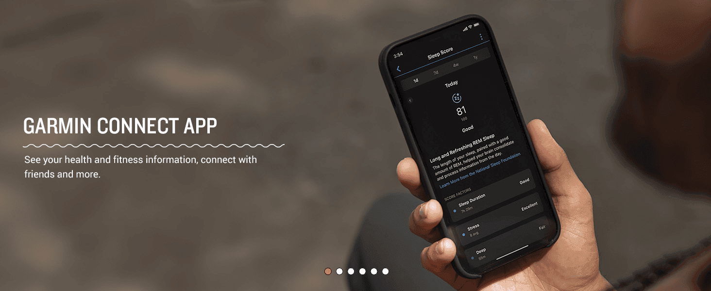 Shows the companion app's health and fitness tracking, like sleep score, to reassure shoppers of a connected ecosystem.
