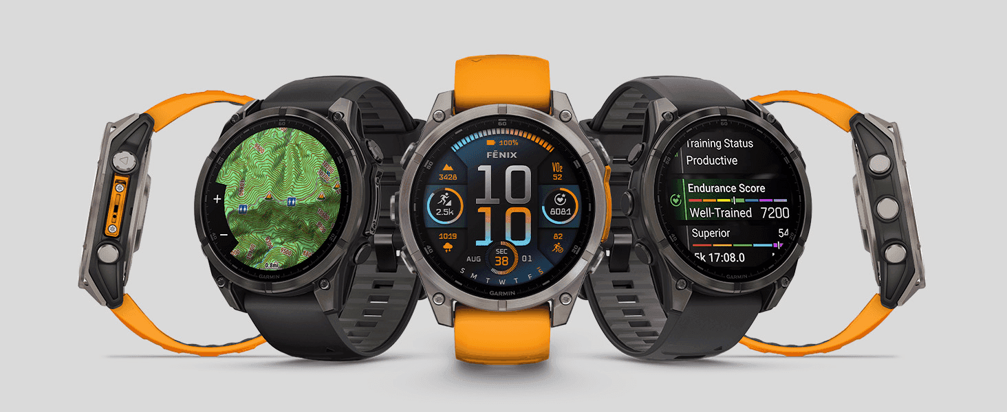 Shows three different on-watch app screens to demonstrate the range of tracking and navigation features available.