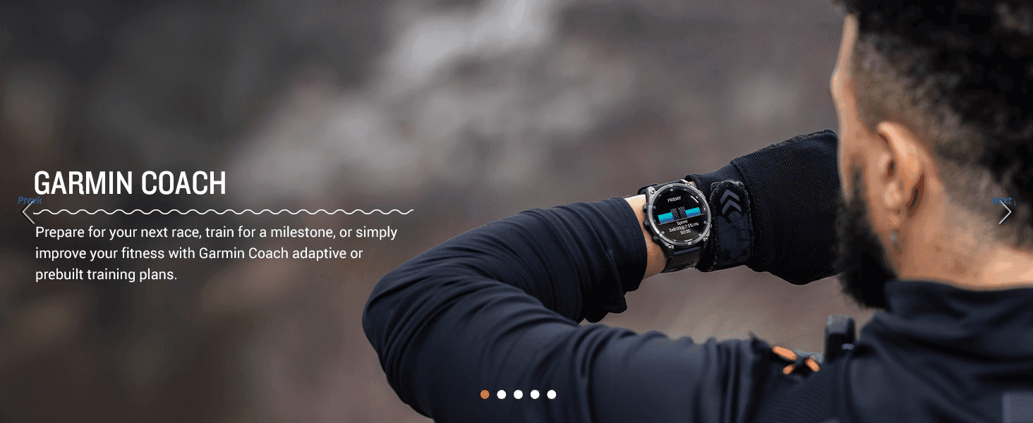 Promotes the Garmin Coach feature that builds adaptive or prebuilt training plans to help users prepare for races or fitness milestones.