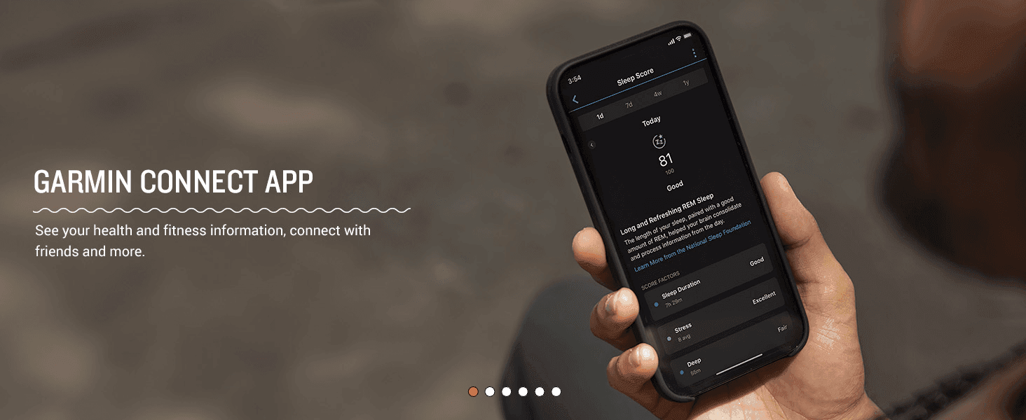 Shows the companion Garmin Connect app displaying health and sleep data to reassure shoppers the watch pairs with a useful tracking app.