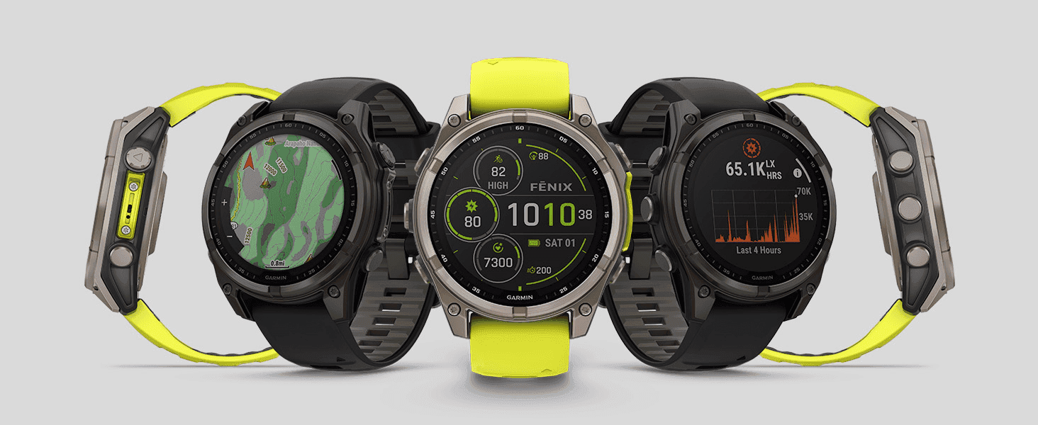 Displays the watch from multiple angles with different band colors and watch face styles to show the range of customization options within the line.