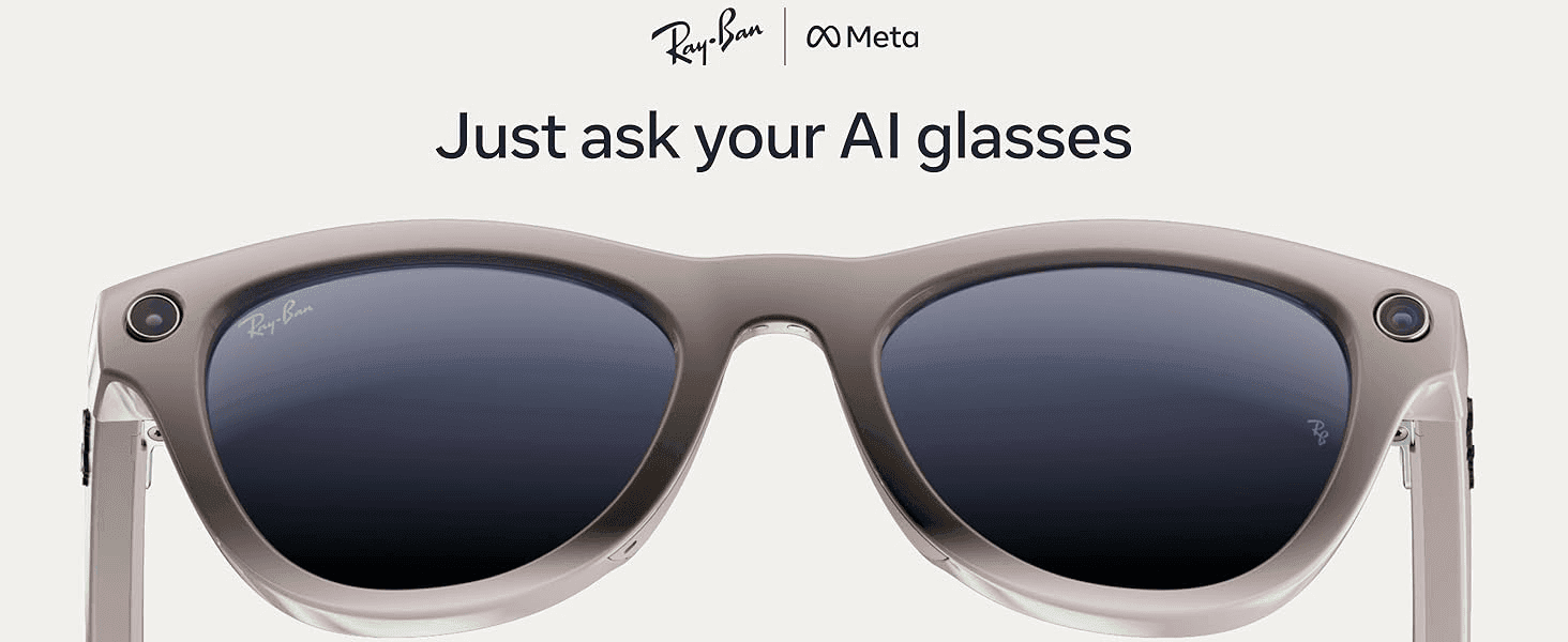 Establishes the co-branded Ray-Ban and Meta identity to build trust and recognition. Highlights the glasses' AI voice assistant as the core differentiating feature.