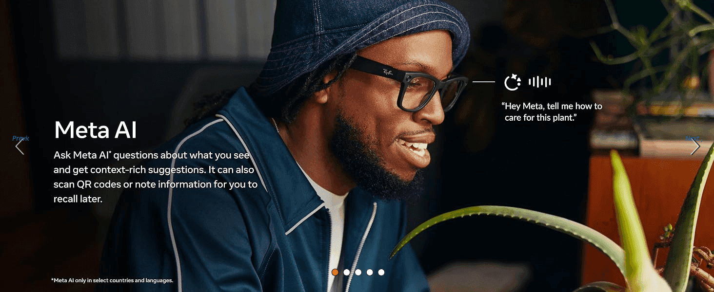 Highlights the Meta AI voice assistant feature, showing how it answers questions and gives context-rich suggestions based on what the wearer sees.