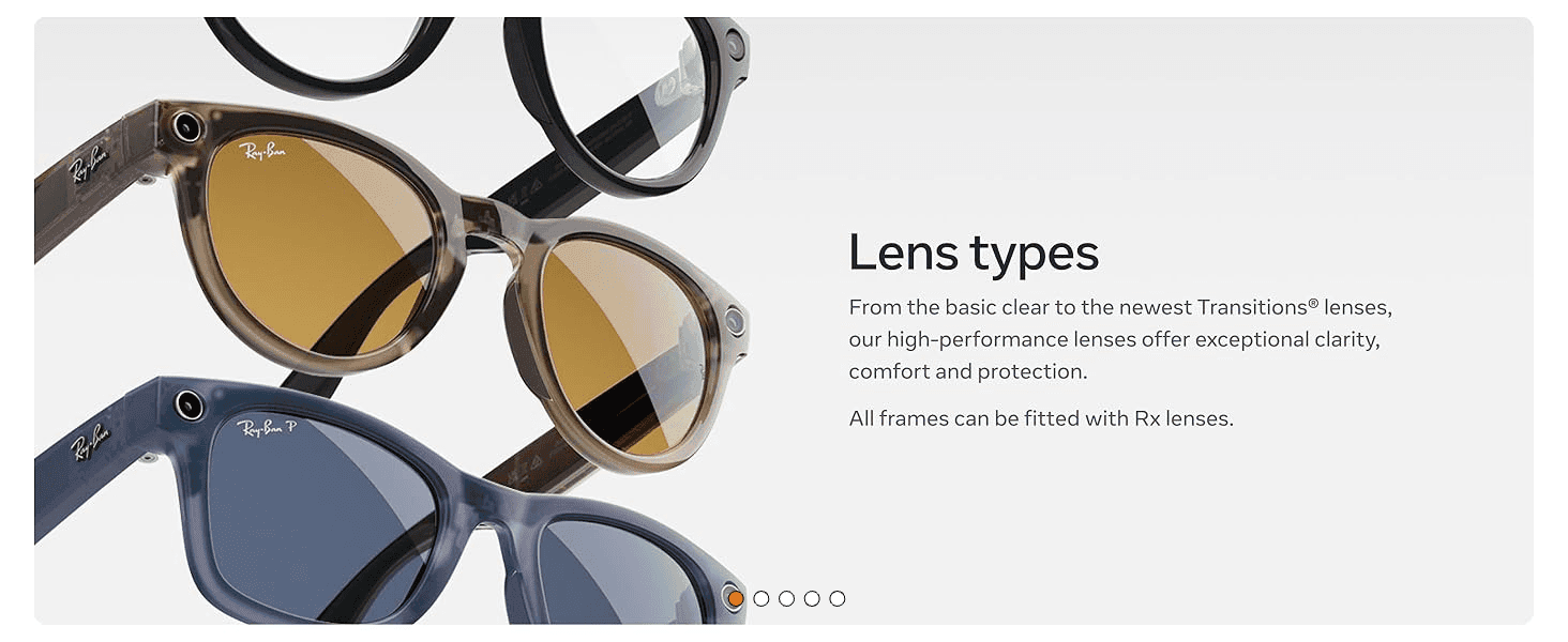 Presents the range of available lens types (clear to Transitions) as part of the product line, helping shoppers see their customization options. Reassures shoppers that all lens options offer…