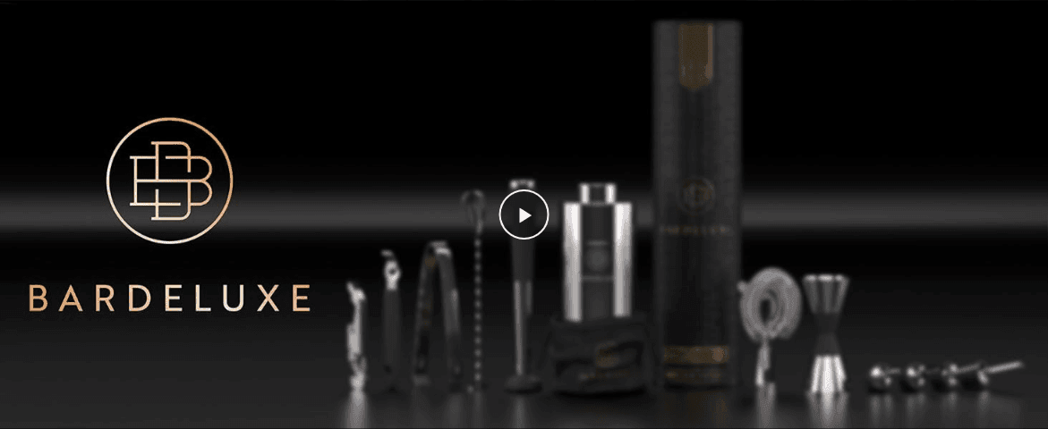 Introduces the BarDeluxe brand with its logo alongside the full cocktail set to build brand presence. Shows the full array of tools and accessories included in the cocktail set.