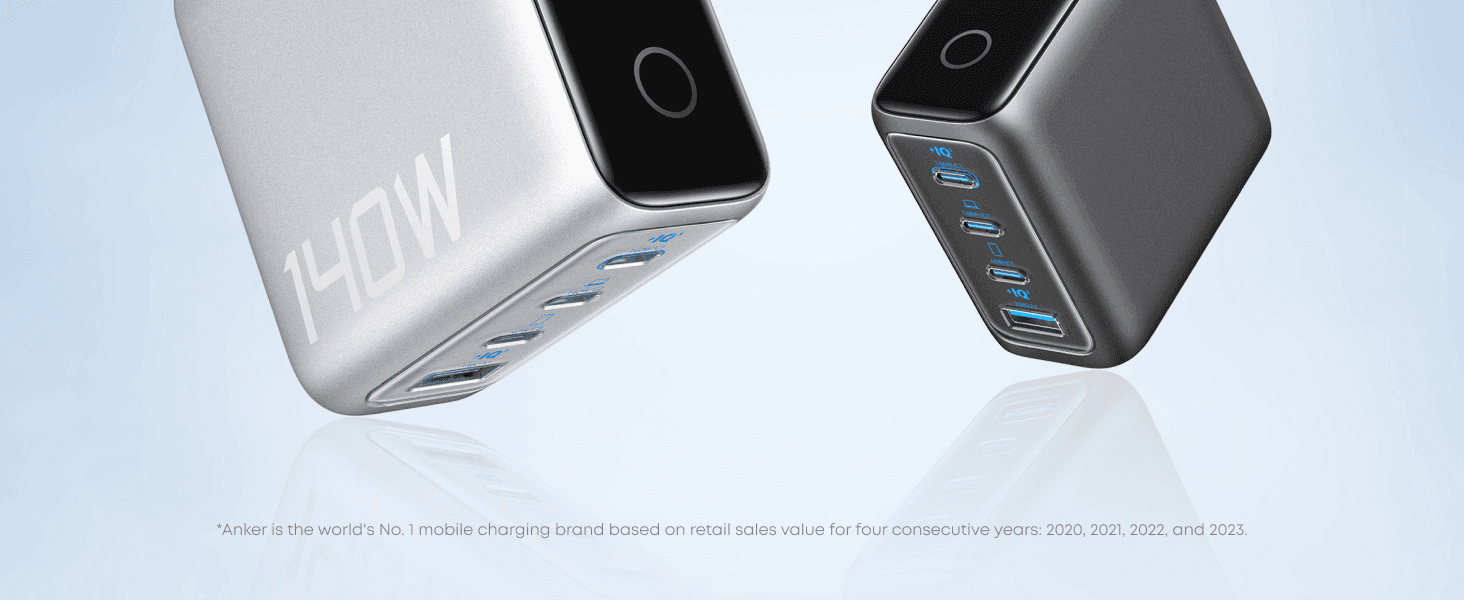 Uses a floating hero shot of the chargers with a No.1 market-share claim to build trust in the brand before diving into features.