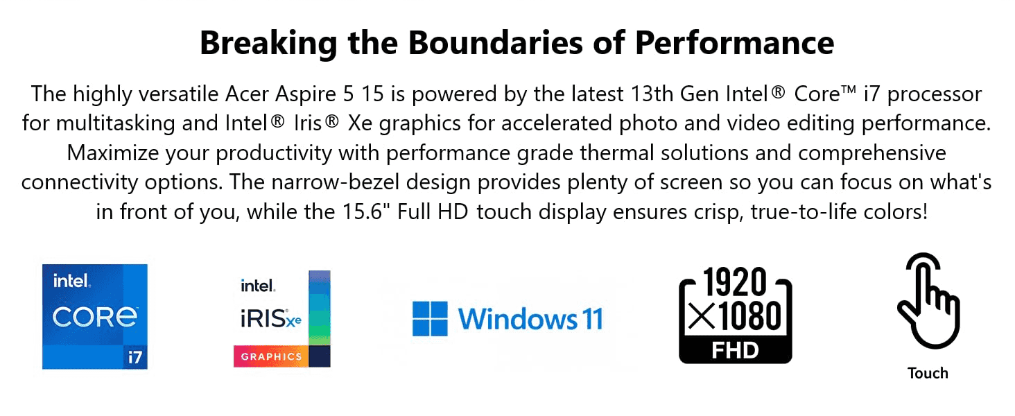 Highlights the laptop's CPU, graphics, OS, display resolution and touch support together to prove overall performance.