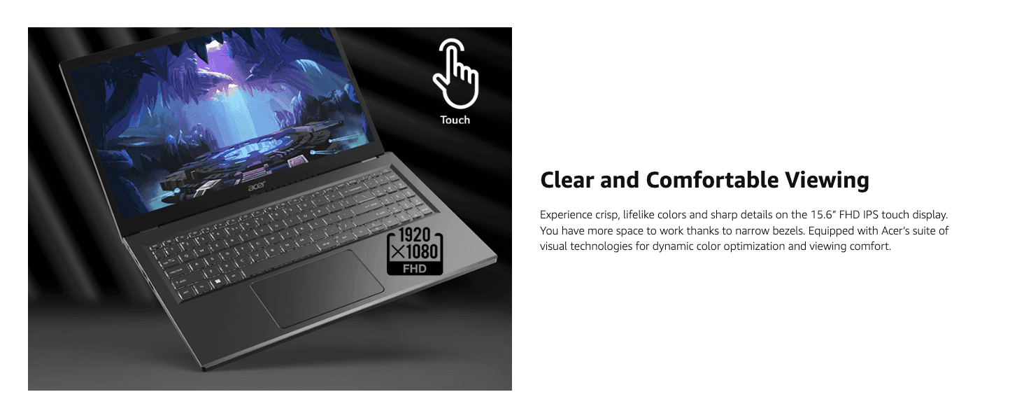 Highlights the crisp 1920x1080 IPS touch display with narrow bezels to reassure shoppers of a comfortable viewing experience.