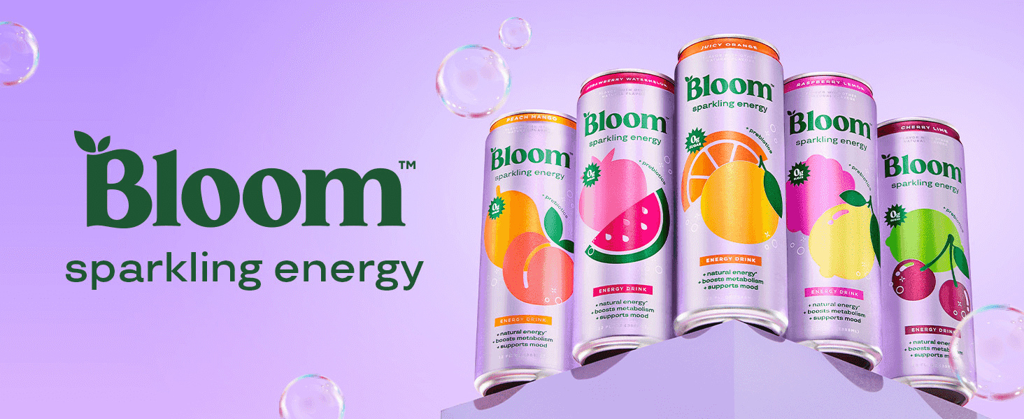 Presents the Bloom brand identity alongside its full flavor lineup to build brand recognition and show product variety.