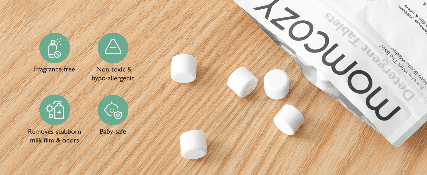 Highlights four safety and cleaning benefits of the detergent tablets to reassure parents the product is safe for baby feeding equipment. Reassures shoppers the detergent is fragrance-free,…