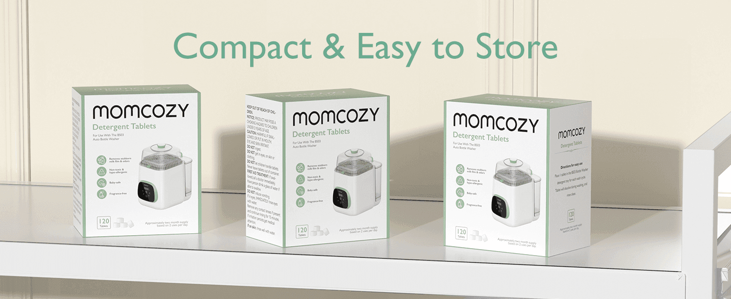 Communicates that the detergent tablet packaging is compact and easy to store on a shelf.