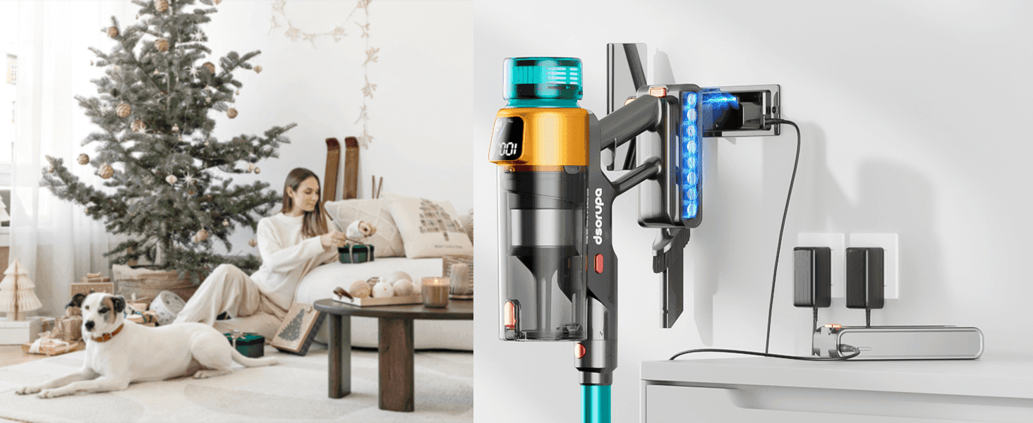 Shows the vacuum fitting naturally into a cozy home life alongside its wall-mounted charging dock.