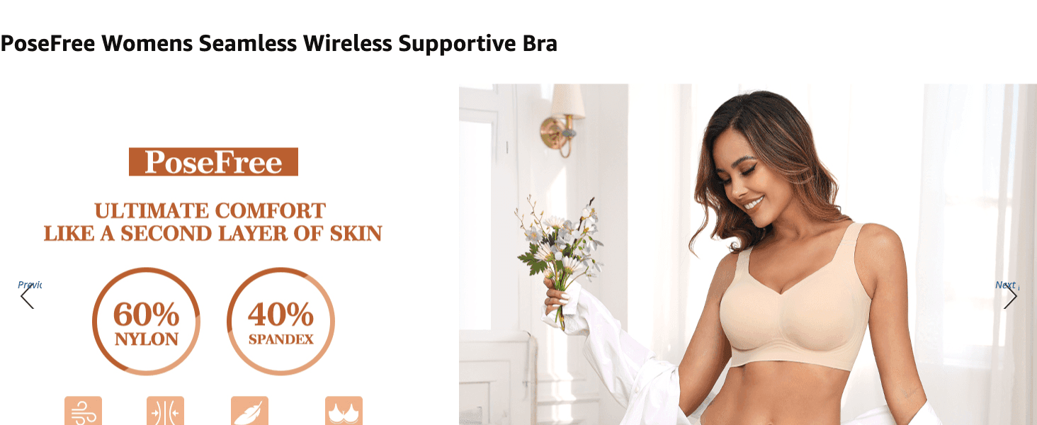 Introduces the PoseFree brand and comfort promise to build trust before the product details. Highlights the soft nylon-spandex blend and 'second layer of skin' comfort claim alongside a lifestyle…