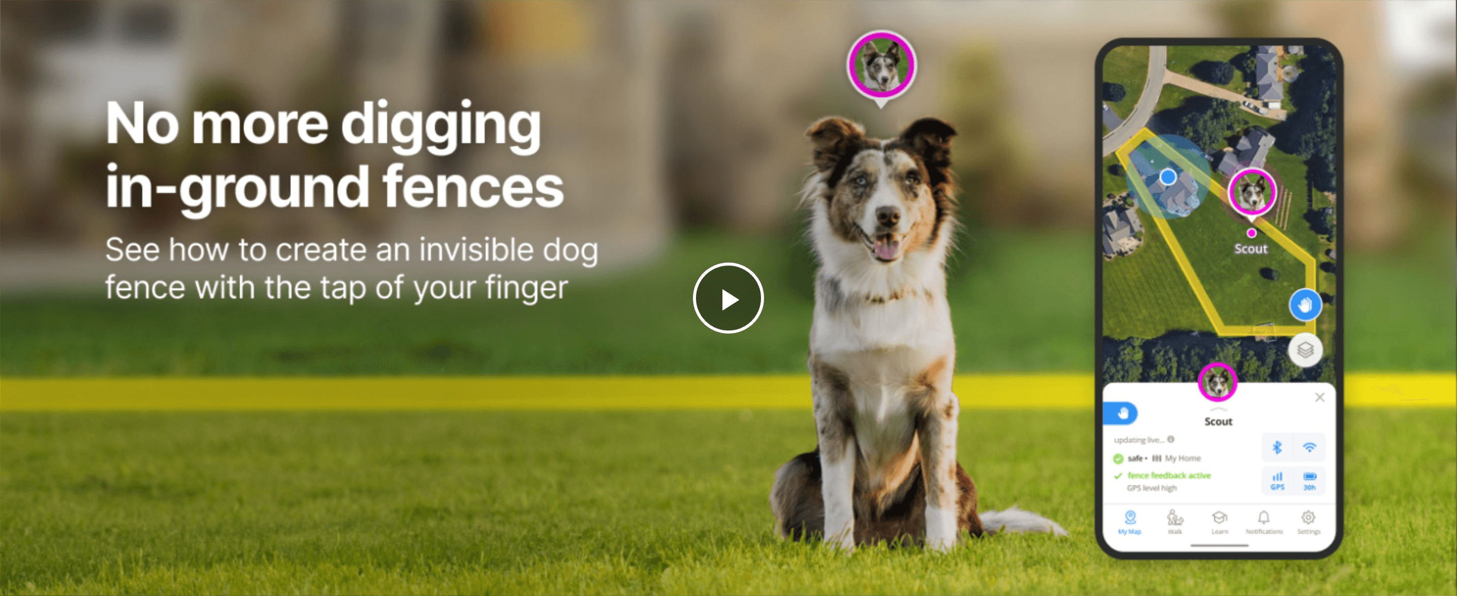 Reassures shoppers the wireless fence avoids the hassle of digging and installing a physical in-ground fence. Points shoppers to a video showing how easily an invisible fence boundary can be set up…