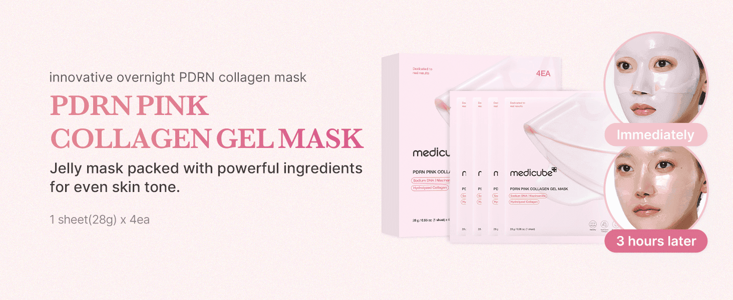 Introduces the overnight collagen gel mask and reassures shoppers it evens skin tone quickly and over time. Shows the same face at two time points after applying the mask to prove visible hydration…