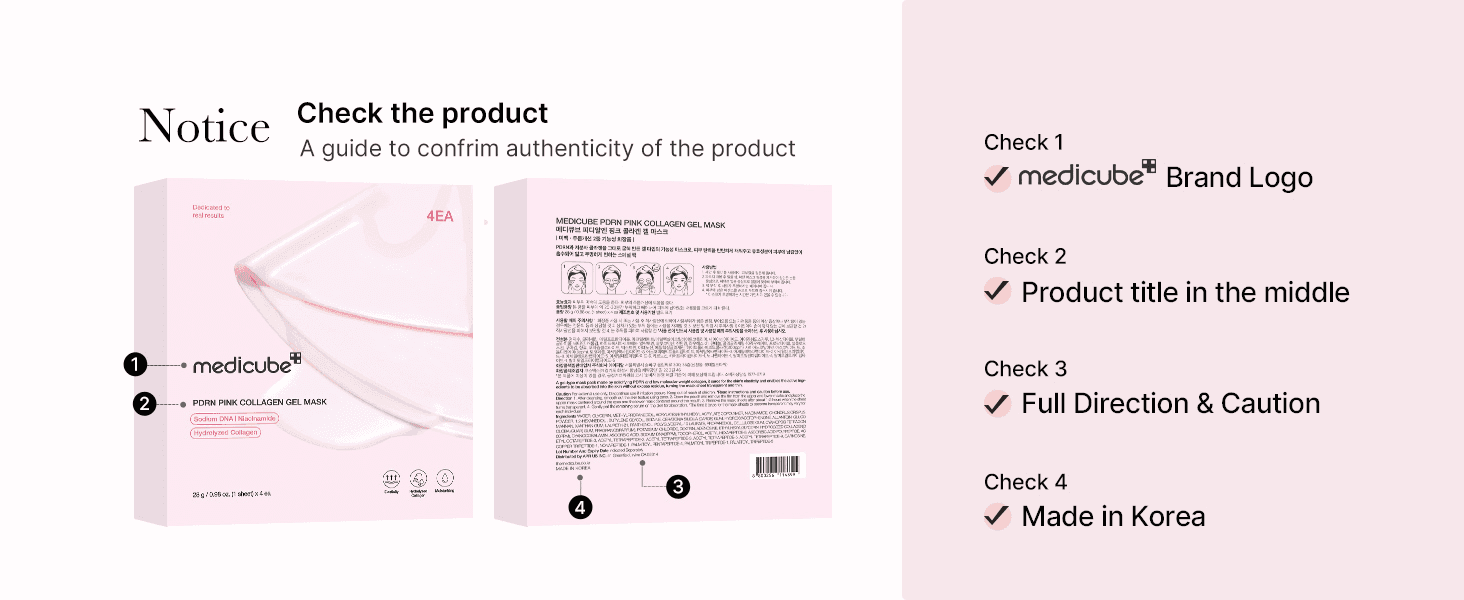Helps shoppers confirm they are buying a genuine medicube product by pointing out logo, title, directions and country-of-origin markers.