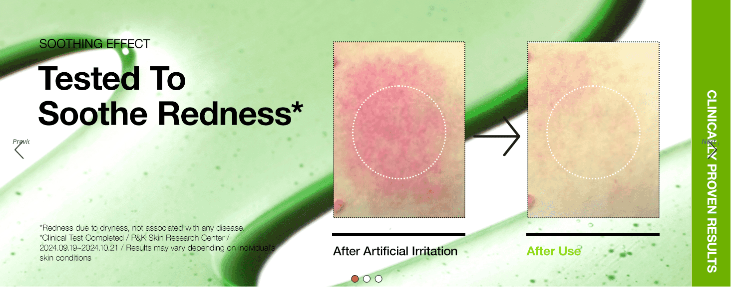 Proves the product's soothing efficacy with a before/after clinical photo comparison of irritated skin.