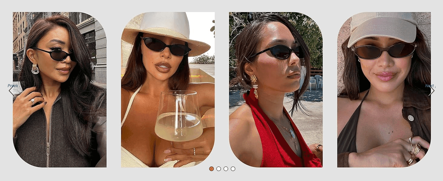 Shows different women wearing the sunglasses in varied real-world settings to build broad style appeal.