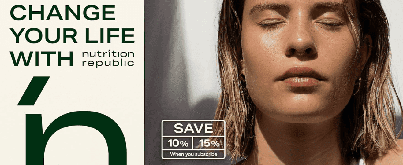 Introduces the Nutrition Republic brand with an aspirational lifestyle image to build brand identity. Highlights a 10-15% discount when subscribing to encourage repeat purchase.