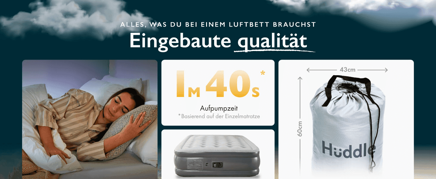 Combines a comfort lifestyle shot, a fast inflation time stat, and compact storage dimensions to summarize overall product quality. Highlights a bold inflation-speed number to reassure shoppers…