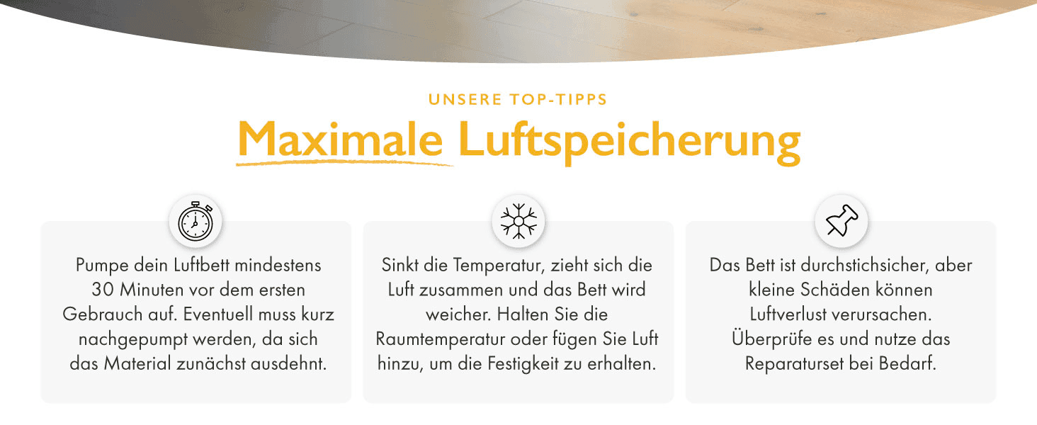 Gives three quick care tips (inflate before use, temperature affects firmness, check for leaks) to help the shopper use and maintain the air bed correctly.