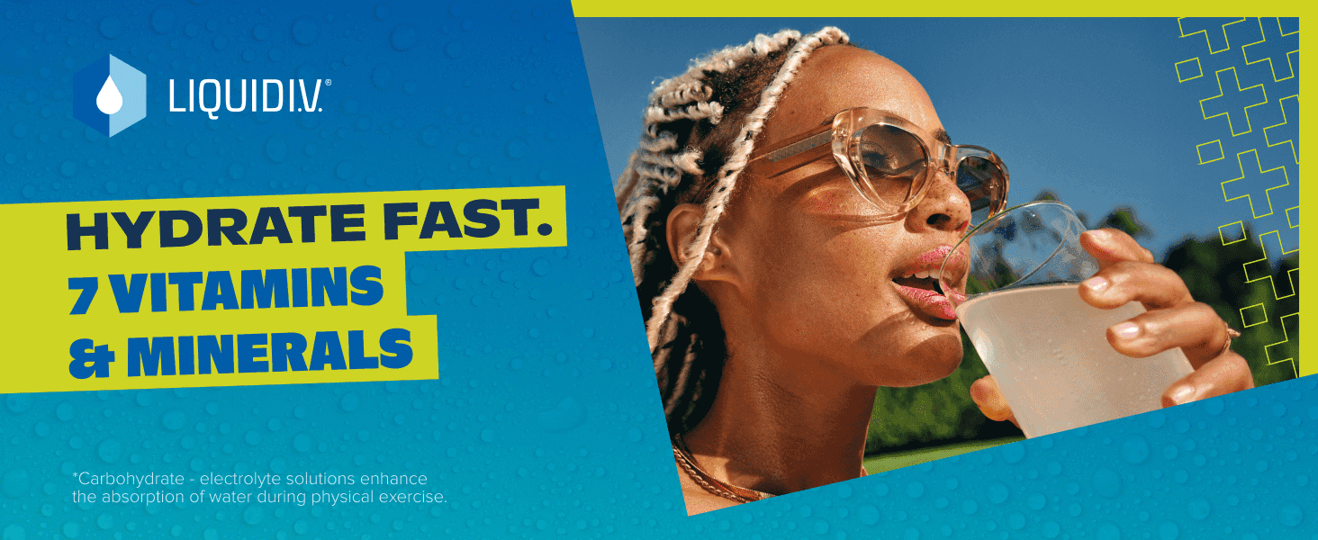 Communicates the core benefit of fast hydration with added vitamins and minerals through a simple headline and lifestyle photo.