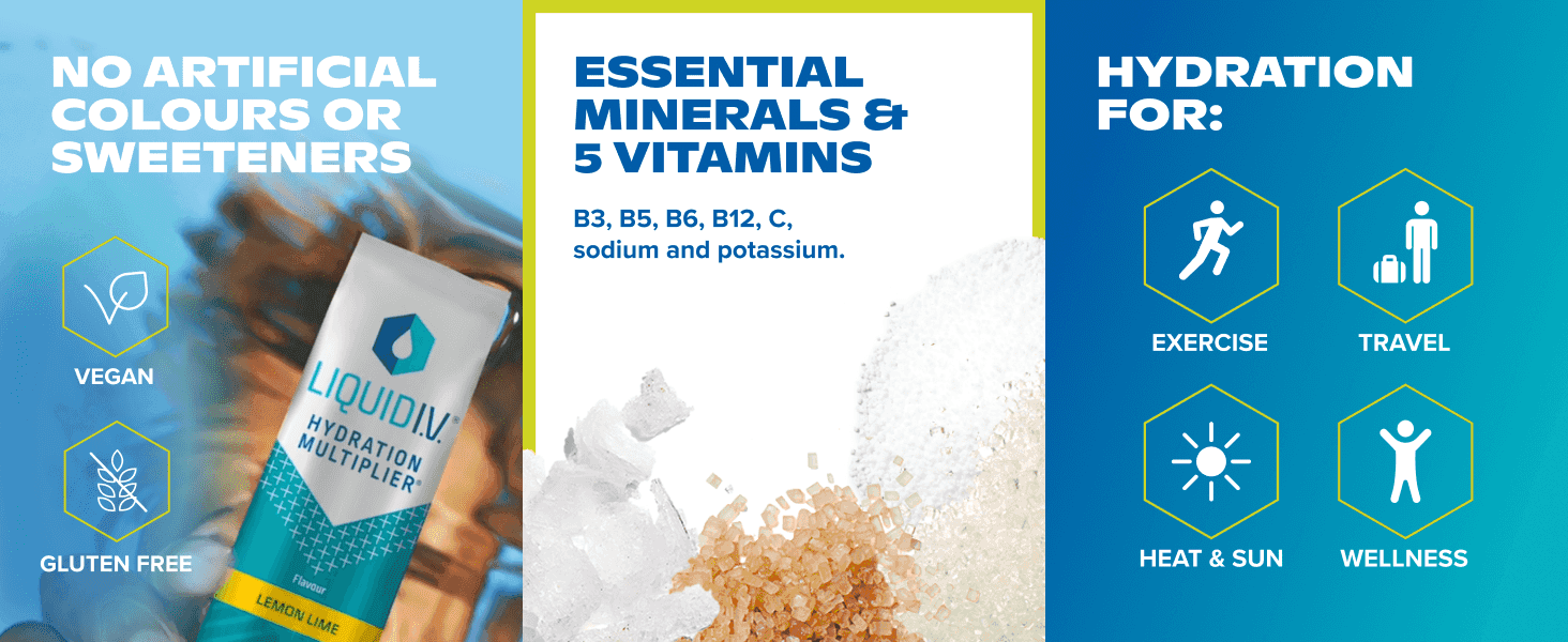 Highlights clean ingredients, vitamin content, and versatile use occasions across three segmented panels.