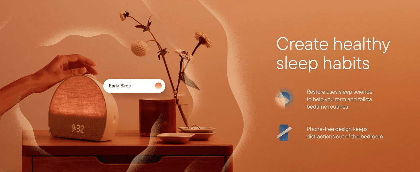 Highlights two distinct benefits of the product, sleep science-backed routines and a phone-free design, to reassure shoppers it improves sleep habits.