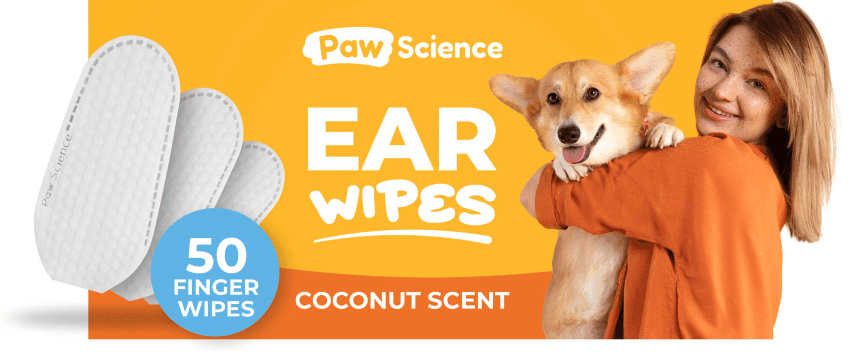 Introduces the Paw Science brand and product with lifestyle imagery to build immediate recognition and appeal. Highlights the 50-count finger wipes and coconut scent in one clean scene to give…